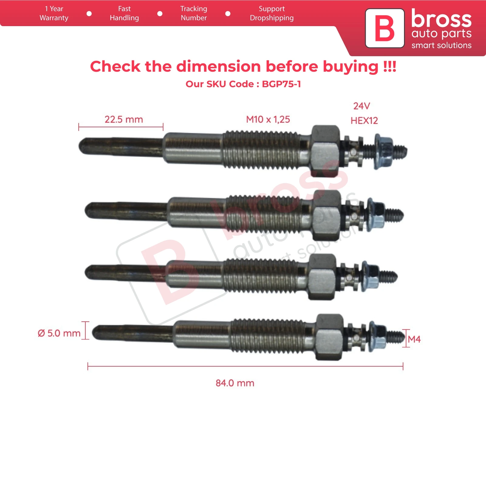 Bross BGP75-1 4 Pieces Heater Glow Plug 23 Volt SE0118140A for Mazda Parkway Titan T2000 T2500 T2600 T3000 T3500 T4100