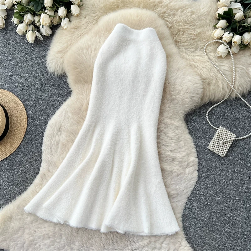 Damen Kunstnerz Gestrickter Meerjungfrauenrock Hohe Taille Weicher Flauschiger Warmer Pulloverrock Herbst Winter Eleganter Figurbetonter Langer Midirock 636 – Detail 15
