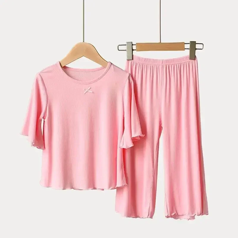 Mädchen-Sets Sommer Dünne Kinder Kurzarm-Set Eisseide 2-teiliges Homewear-Set 2-10 Jahre Mädchen Einfarbiger Kinder-Pyjama-Set – Detail 9
