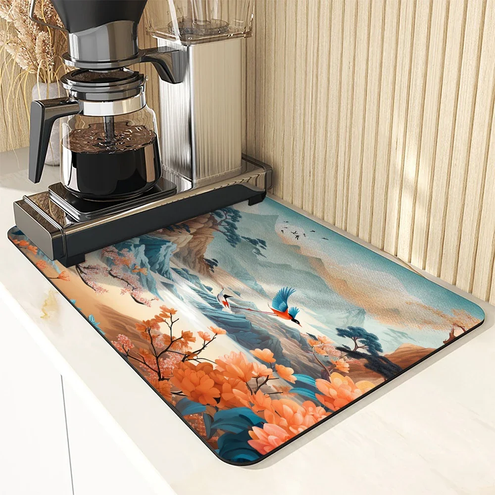 Kitchen Drying Mat Flower Plants Dry Coffee Mat Absorbent Placemat Anti Slip Table Cup Drying Mats Table Decoration Accessories
