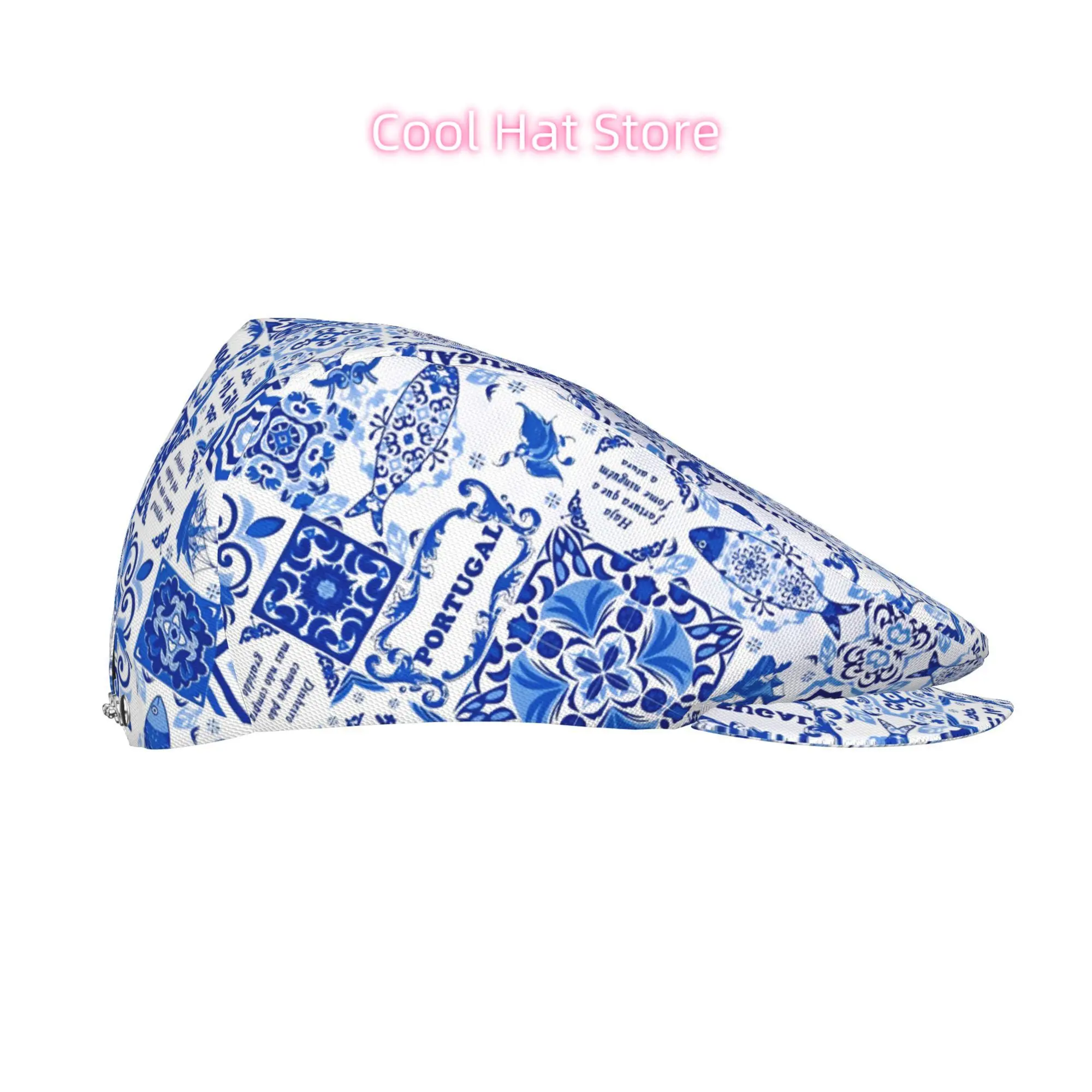 1pc Men's & Women's Portuguese Azulejo Tile Design Beret Cap - Adjustable Snapback Closure, Lightweight Polyester, Blue & White