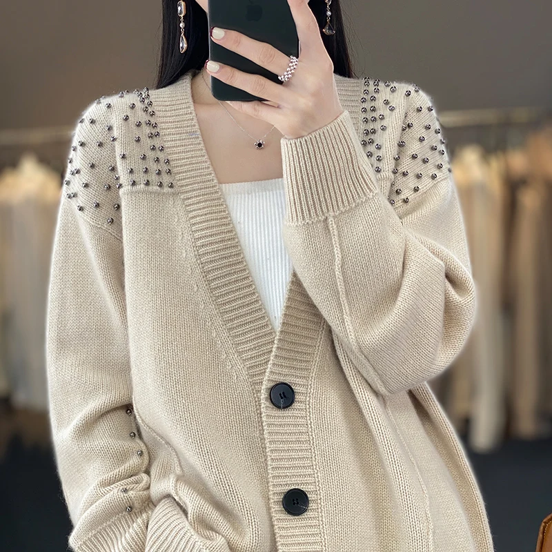 Large Size Women's Cardigan Fall Winter 100% Merino Wool V-Neck Sweater Long Sleeve Jumpers Knitted Top Outerwear Fashion Trends