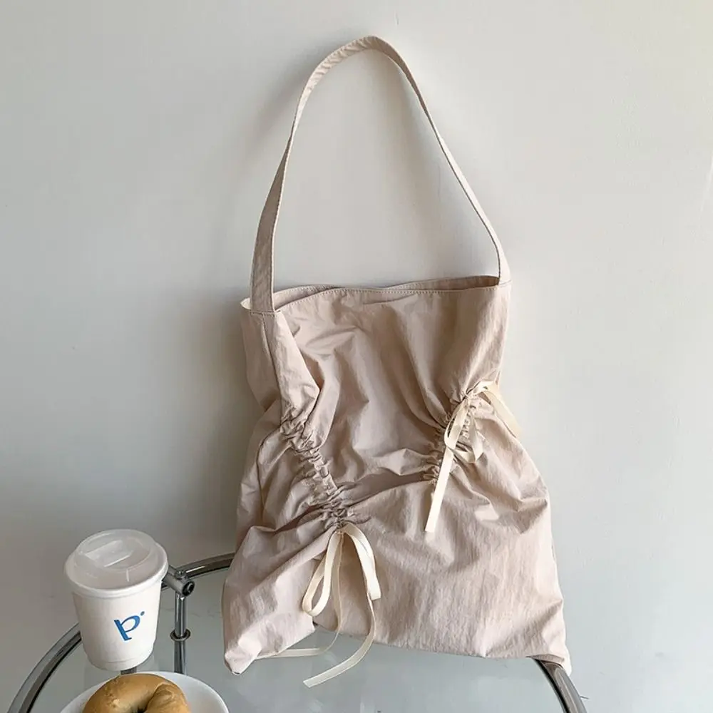 

Casual Korean Style Bow Drawstring Bag Fold Commute Nylon Ruched Shoulder Bag Solid Color Handbag Silver Tote Bag Girls