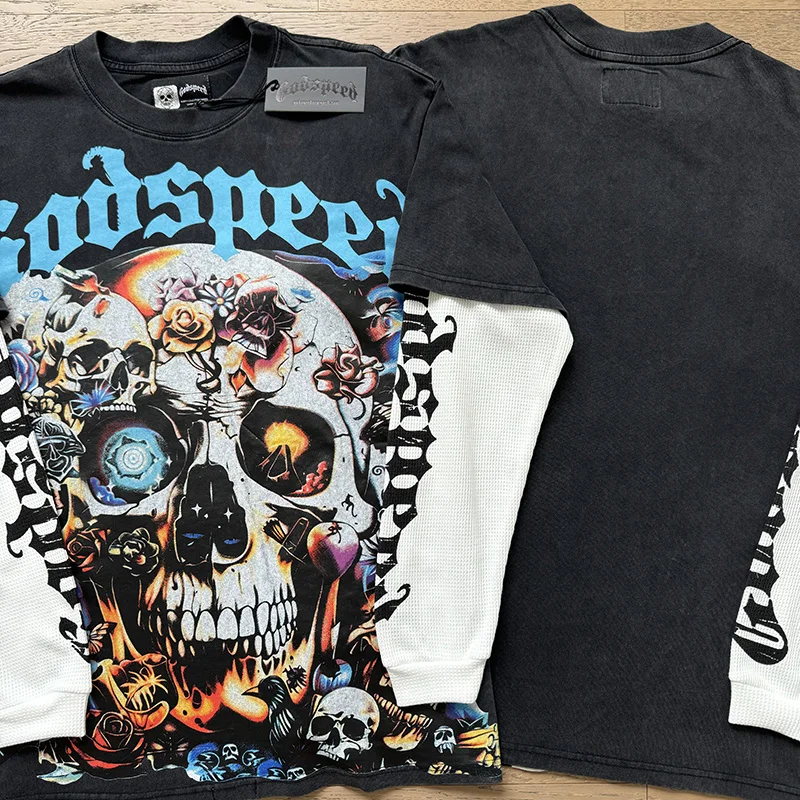 

Новинка 2025 года, футболка Godspeed Splice с длинными рукавами High Street в стиле хип-хоп, брендовая потертая летняя повседневная свободная хлопковая футболка с принтом черепа
