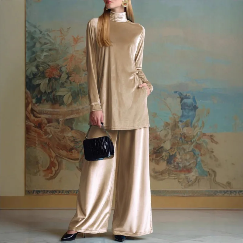 Women Fashion Gold Velvet Turtleneck Slit Top Two Piece Set Autumn Winter New Retro Temperament Female Wide-leg Trousers Suit
