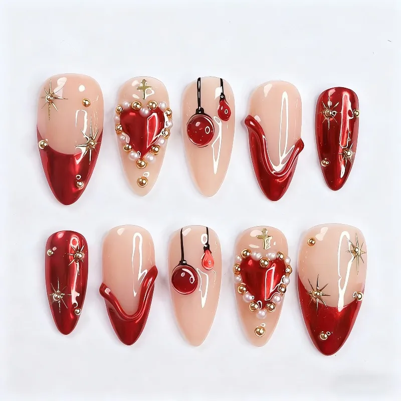 

24PCS Red Nude Gothic Press on Nails Almond 3D Heart Handmade Pearl Star Details False Nails Luxe Punk Sweet Elegant Nail Art 네일