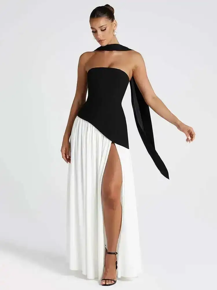 Robe Maxi Sexy sans bretelles, épaules dénudées, pour femmes, Patchwork, col écharpe, cuisse haute, fente, robe longue de soirée en boîte de nuit, hauts NOJ8