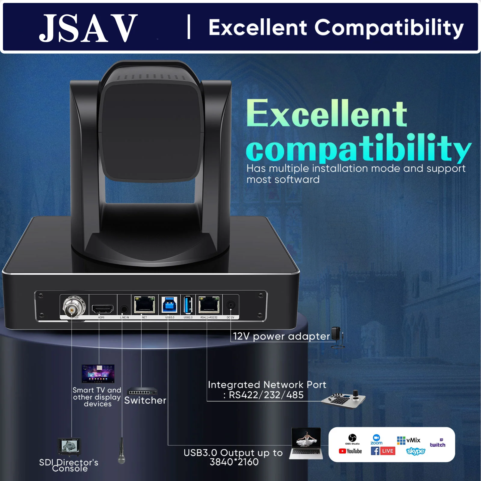 

4K 60fps NDI PTZ камера 12x зумировать POE, отслеживание искусственного интеллекта, 82,5 ° Угол HDMI USB LAN SDI для прямой трансляции церкви