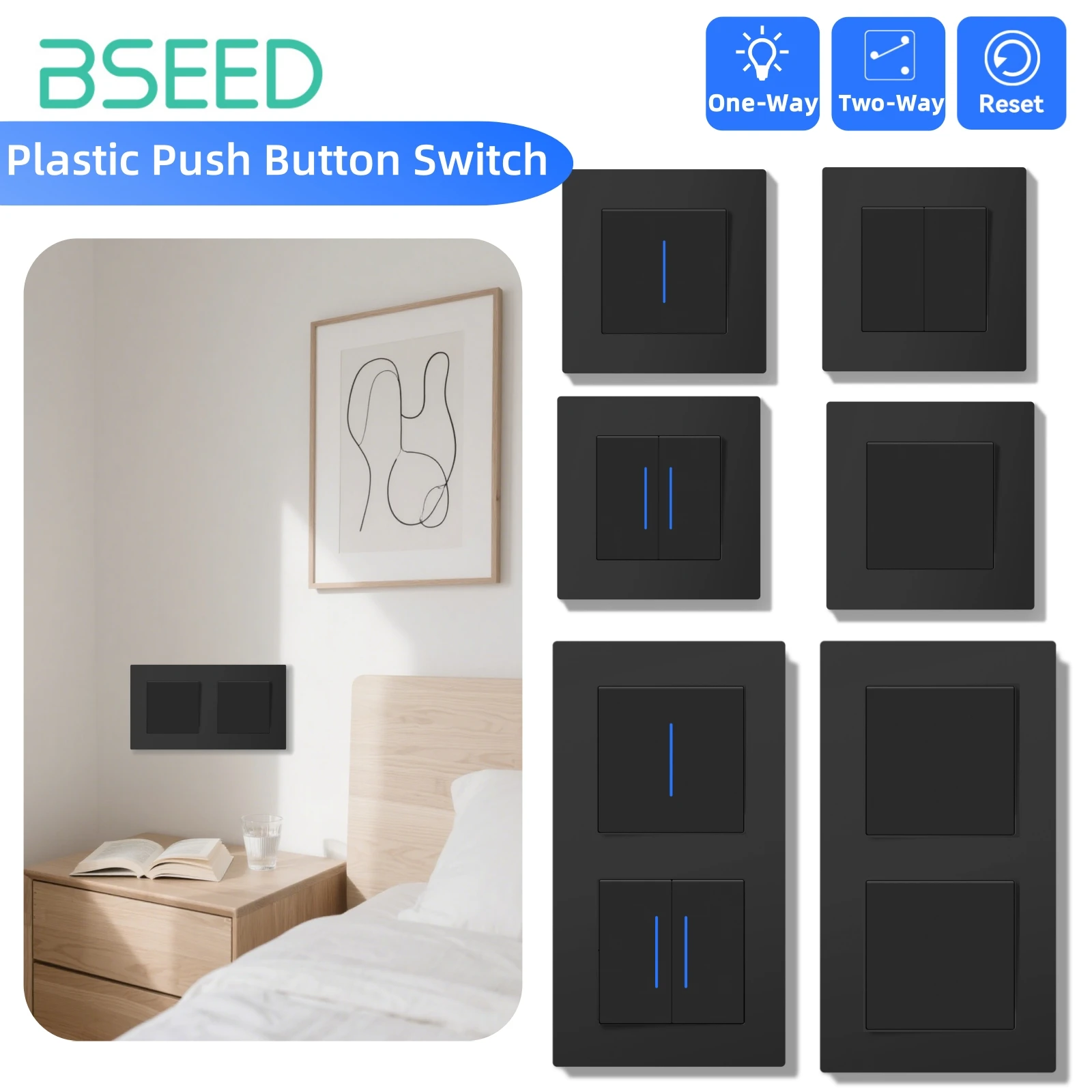 

Переключатель BSEED, выключатель света со светодиодной белой пластиковой рамкой, настенный выключатель с индикаторной лампой, серия E, стандарт ЕС, 1/2 направления/сброс, 10 А