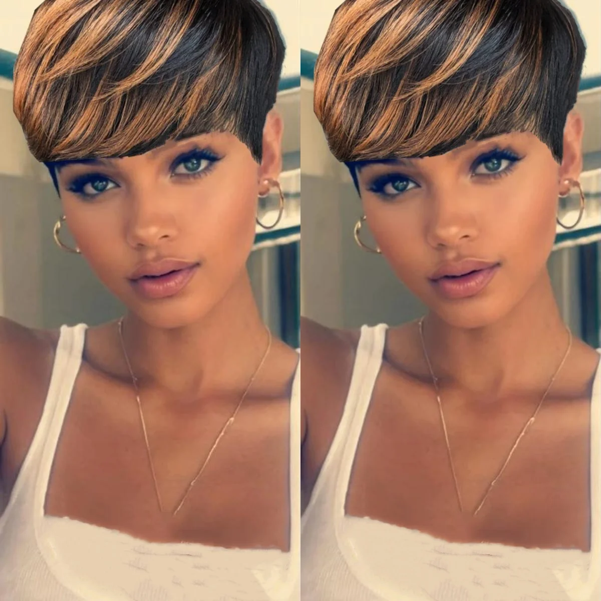 짧은 레이어드 픽시컷 가발, 인모 100% 풀머신메이드 가발, 블랙 99J 브라운 색상, 여성용 여름 데일리룩, 간편 스타일