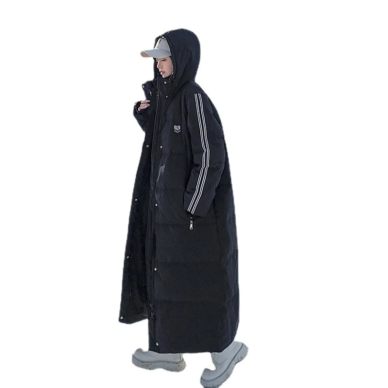 X-Long Ankle Length Down Coat Women Winter Thicken Extra Warm Hoodie Windbreaker Striped Overcoat Snowwear Loose Hooded Cloak