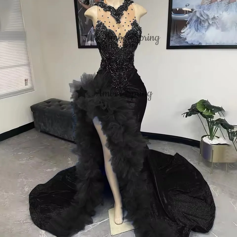 Charming Red Prom Dresses Black Girl Crystal Lace Evening Gowns Ruffle High Side Slit Birthday Party Robe Customized