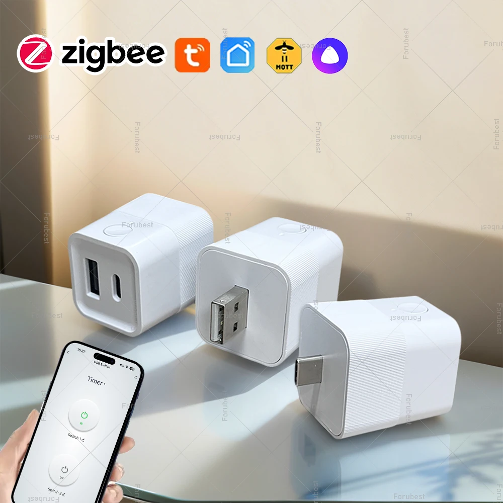 Переключатель адаптера Micro USB Zigbee 3.0, мини-умная вилка, адаптер питания USB Type-C 5 В, управление включением и выключением таймера, работает с Tuya Zigbee2MQTT