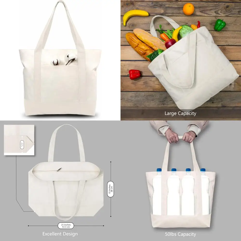 再利用可能な食料品用トートバッグ - 外側ポケット付きキャンバスショッピングバッグ6個パック、上部ジッパー開閉、毎日の必需品に最適