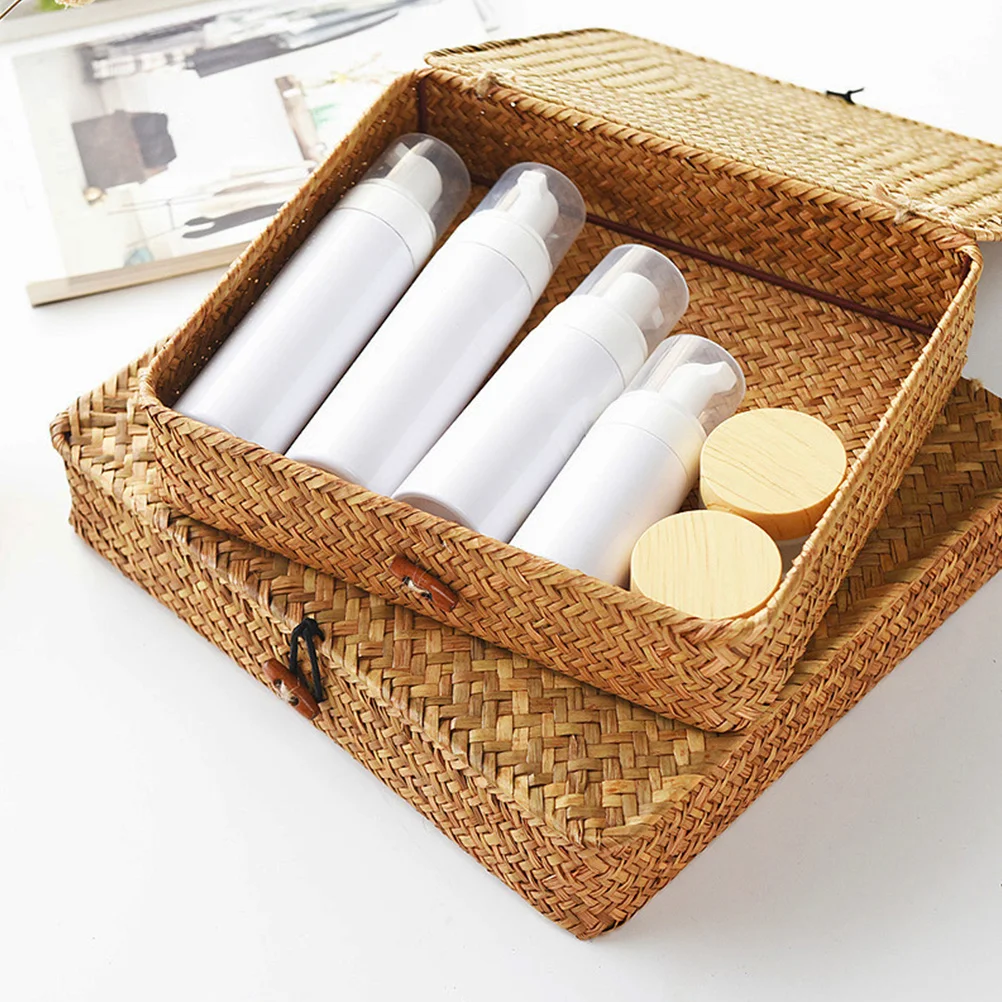 

2pcs Woven Storage Baskets With Lid Seagrass Snack Organizer Bins For Shelf Home Decor Small Rectangle Stackable Basket