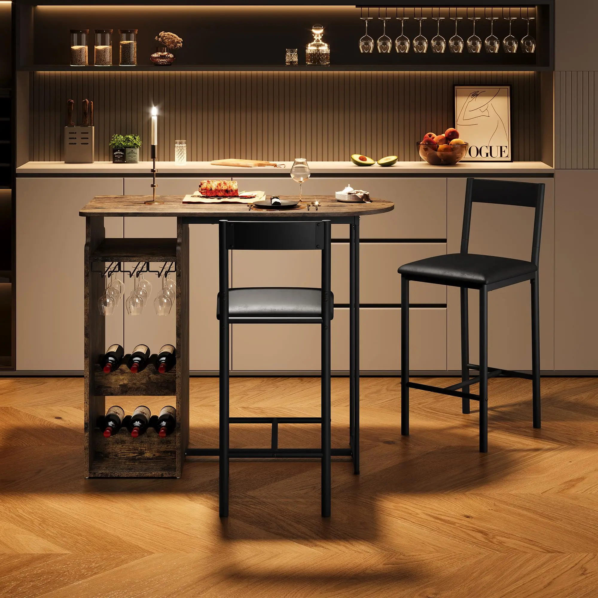 

Compact Bar Table With Wine Rack And 2 Velvet Bar Stools For Kitchen Dining Nook