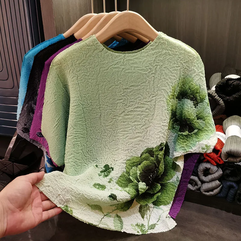 

Miyake плиссированная футболка с принтом, женская летняя складная футболка, женские летние новые свободные топы с рукавами «летучая мышь», плиссированные топы с короткими рукавами