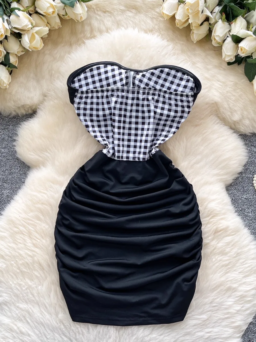 فوملينا دوبامين منقوشة بدون حمالات فستان أنبوبي المرأة الصيف ربطة القوس فيونكة المرقعة سليم صالح رغبة نقية Bodycon فستان قصير