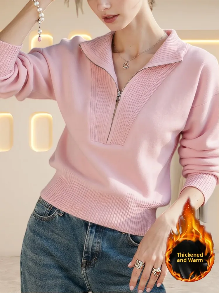 

Весна 2026: Элегантный вязаный свитер с воротником-стойкой на молнии, длинными рукавами, теплый, универсальный, повседневный топ для женщин (производство Китай)