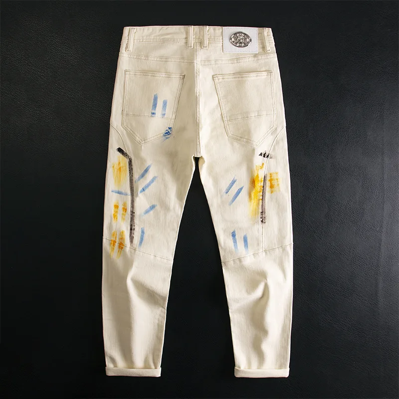 Graffiti printed patchwork jeans men's beige trendy brand high-end stretch slim fit small foot heavyweight denim pants
