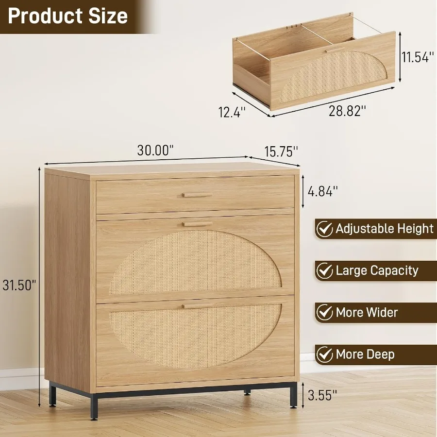 Lateral File Cabinet with 3 Drawers, Eco Rattan Wood File Cabinet for Home Office, Large Filing Storage Cabinets Printer Stand