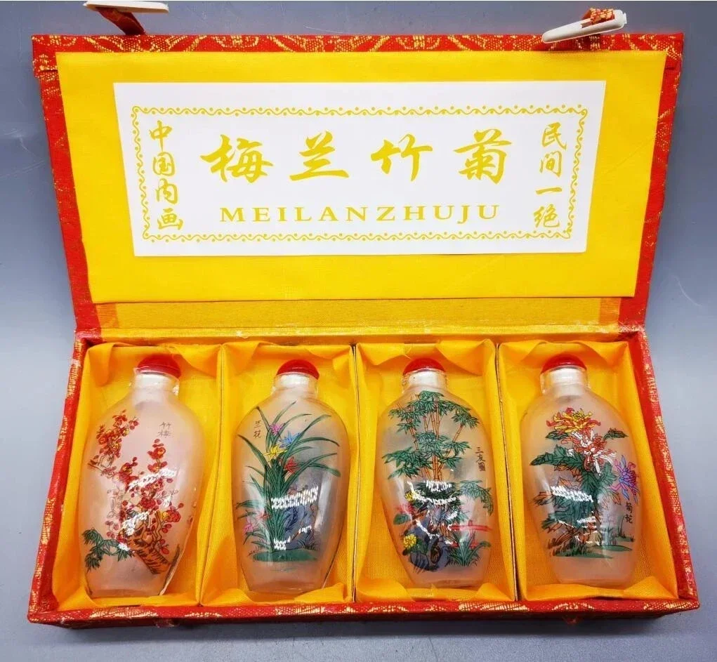 Coloured glaze Plum, Orchid, Bamboo and Chrysanthemum Snuff bottles crafts statue A set