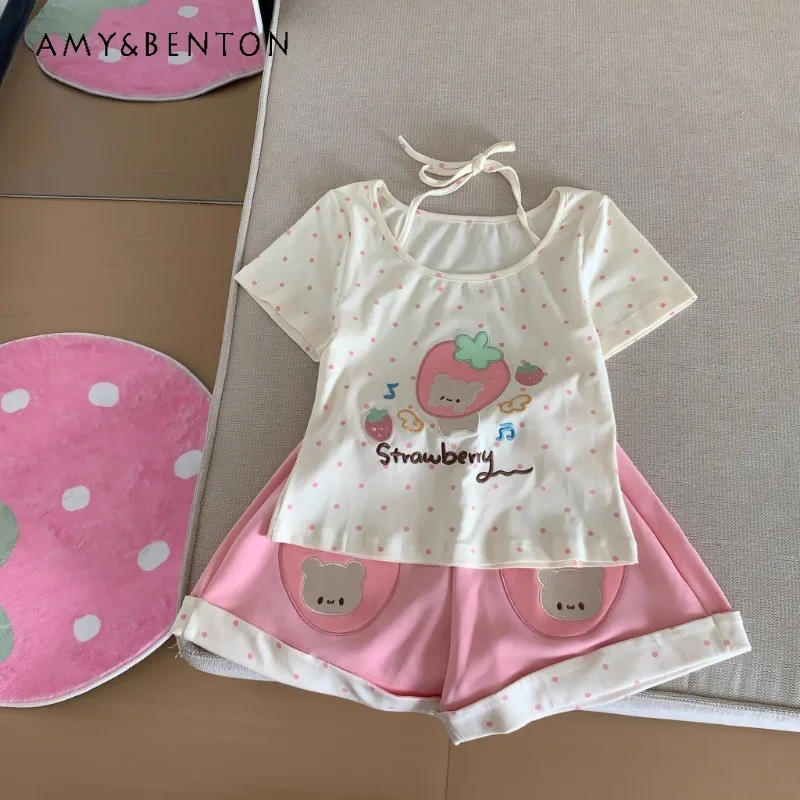 

Japanese Summer New Cute Polka Dot Strawberry Embroidered Neck-hanging Short-sleeved Top with Printed Shorts Suit For Women