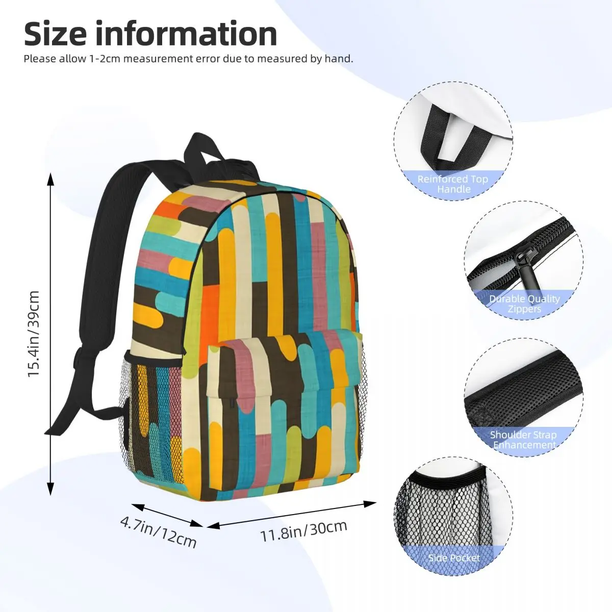 Retro Color Block Popsicle Sticks Blue Backpacks Teenager Bookbag Fashion Students School Bags Laptop Rucksack Shoulder Bag