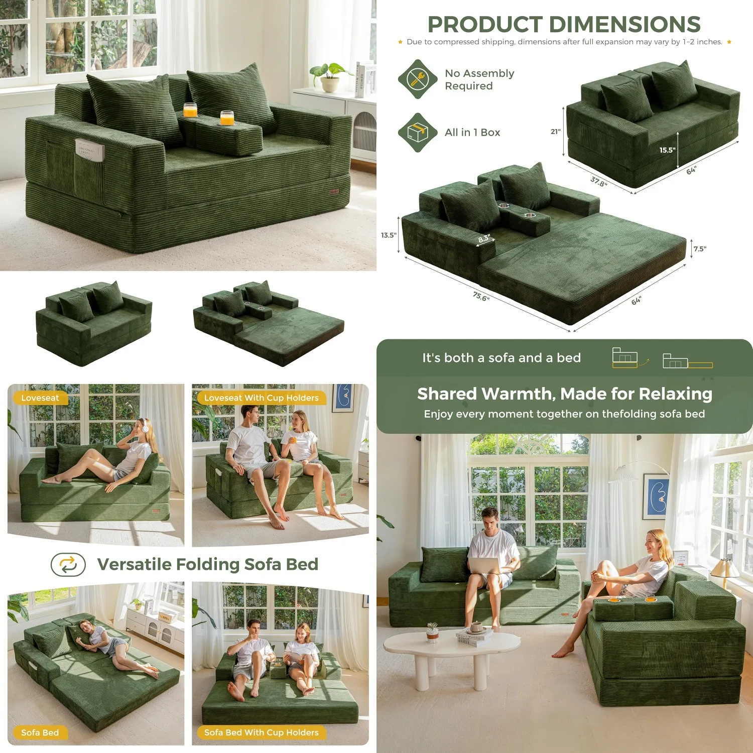 64in Foldable Loveseat Sofa Bed 4-in-1 Recliner Sleeper w 2 Cup Holders Floor Couch Living Room No Assembly Green Customized