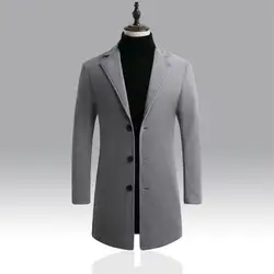 Korean Style Men Trench Coat Lapel Buttons Woolen Coat Casual Overcoat Jackets Men Warm Long Outwear Spring Windbreaker