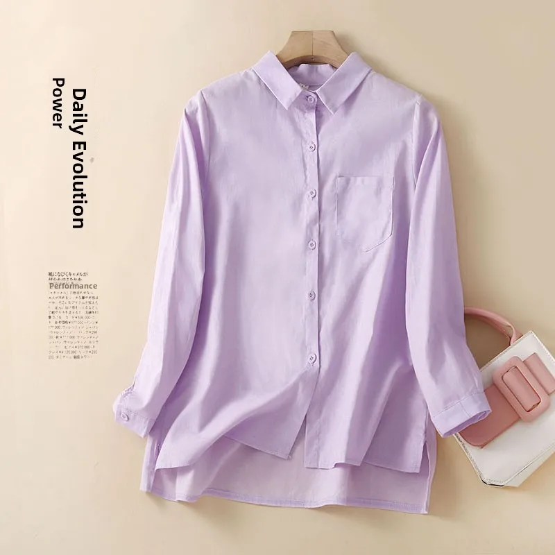 

Casual Cotton Linen irt Long Sve Base Layer Pure Color Top for Women Autumn Season Collar Button Detail Loose Fit