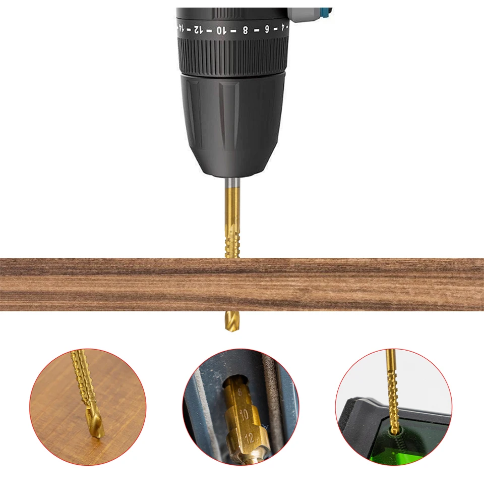 6-teiliges Titanbeschichtetes Stufenbohrer-Set, 4-12mm 4-20mm 4-32mm 3-6-8mm Sägefräser, Lochöffner für Metall- und Holzarbeiten – Detail 5