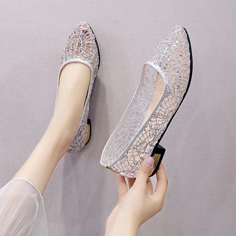 Summer Women\'s Transparent Shoes Female Breathable Mesh Sandals Woman Party Sequins Low Heels Women Silver Big Size Sandals