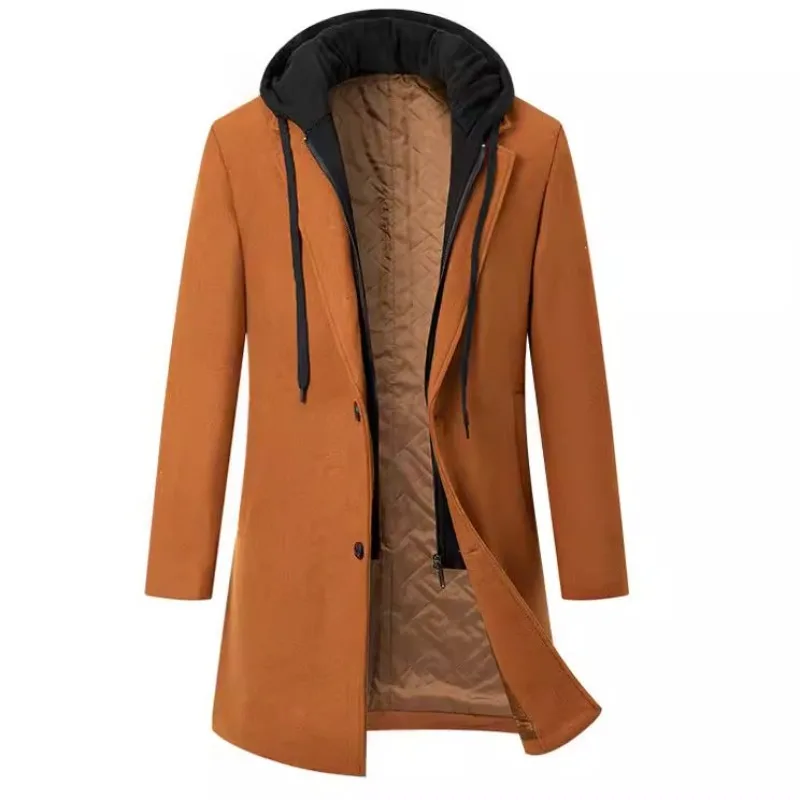 Autumn And Winter Thickened Hooded Medium And Long Woolen Coat Padded Cotton Solid Color Slim Trench Coat