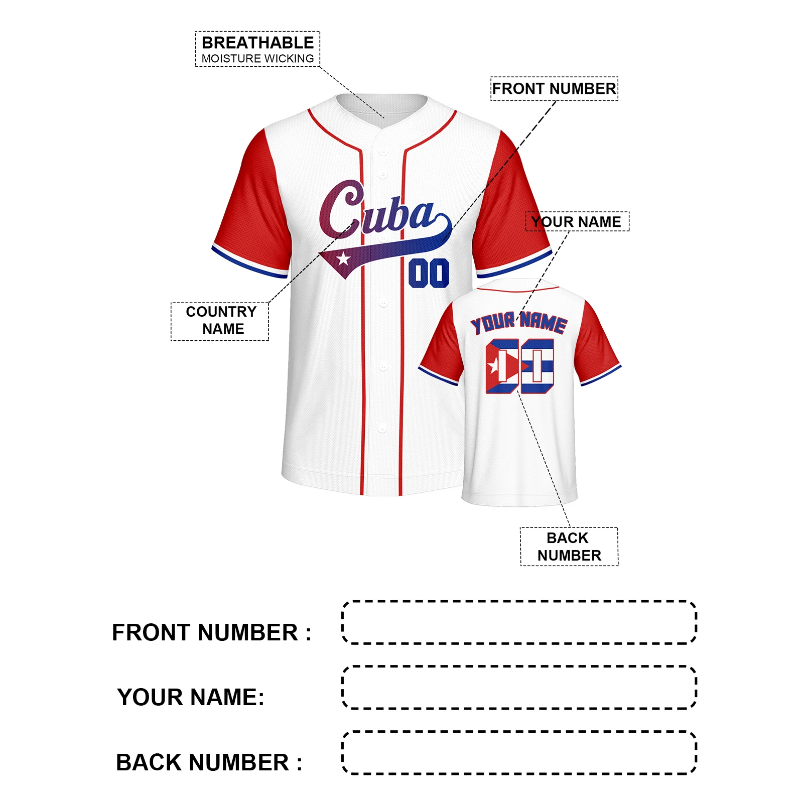Personalized Cuba Baseball Jersey Custom Name Number Flag Inspired Button Down Baseball Shirt Sportwear for Men