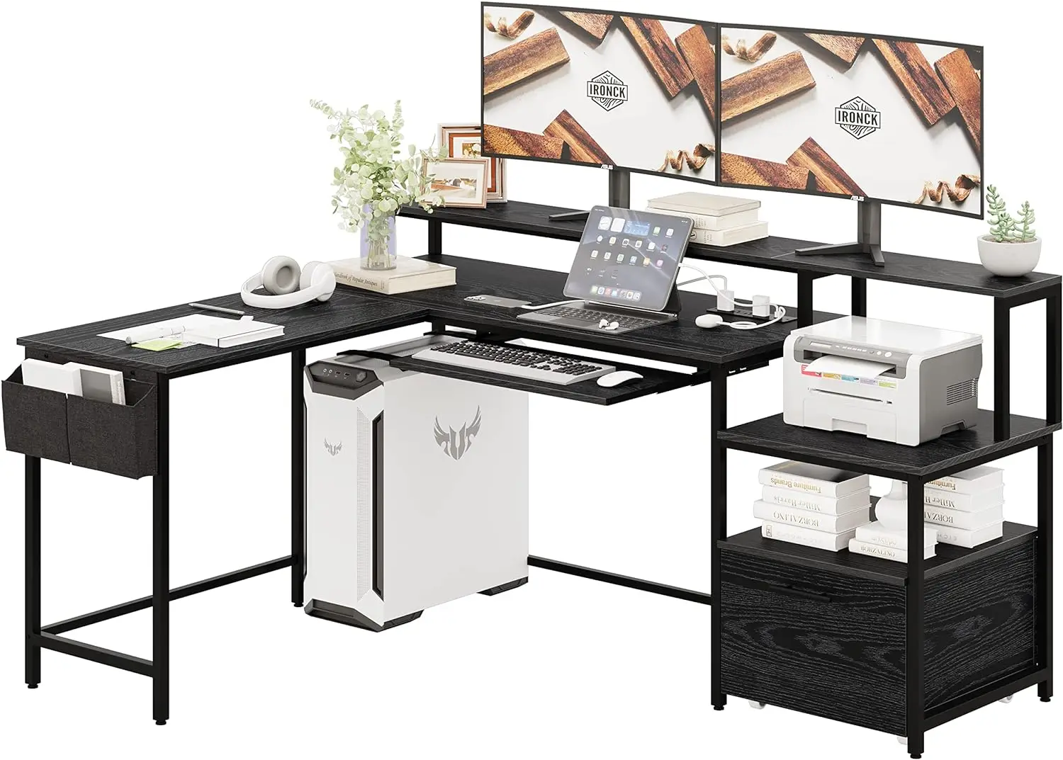 مكتب كمبيوتر على شكل حرف L ، مكتب زاوية 66 بوصة مع منفذ طاقة ، درج ملفات ، درج لوحة مفاتيح ، رف مراقبة رافع وحقيبة تخزين
