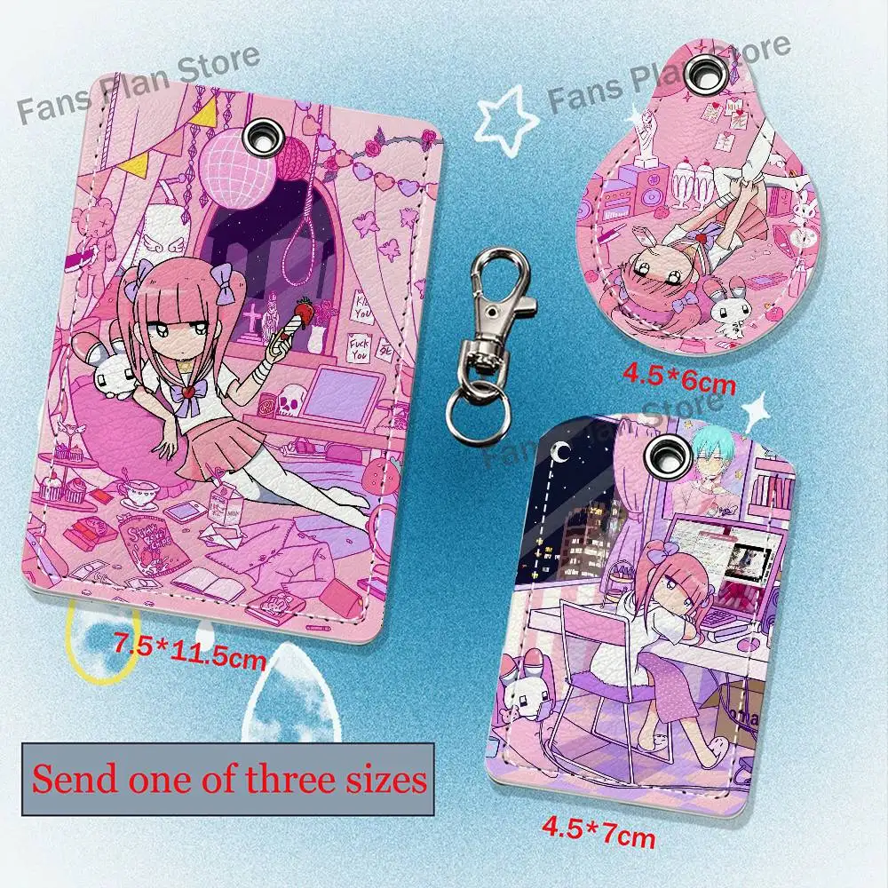 Cute M-Menhera C-Chan Girl Leather Card Holder Keychain Key Ring Door Lock Access Tag ID Access Card Air Tag Case Keychain Card