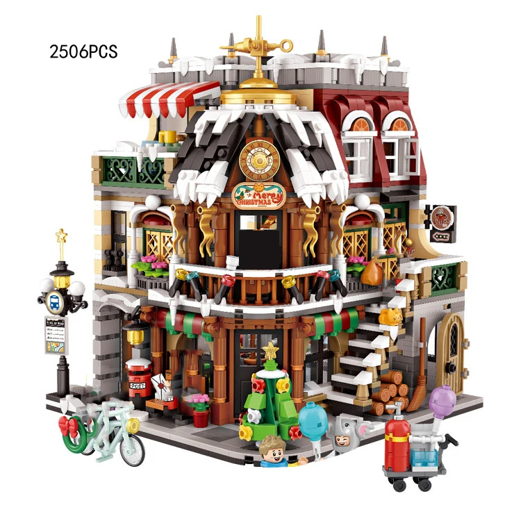 Creative City Street View Mini Block Christmas Cafe House Building Bricks Santa Claus Figures Toys Coffee Shop For Xmas Gift