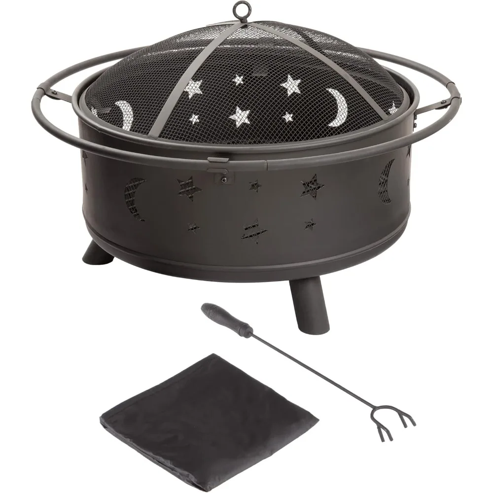 

32-Inch Outdoor Wood-Burning Fire Pit with Screen, Poker, and Cover for Backyard, Deck, or Patio Use