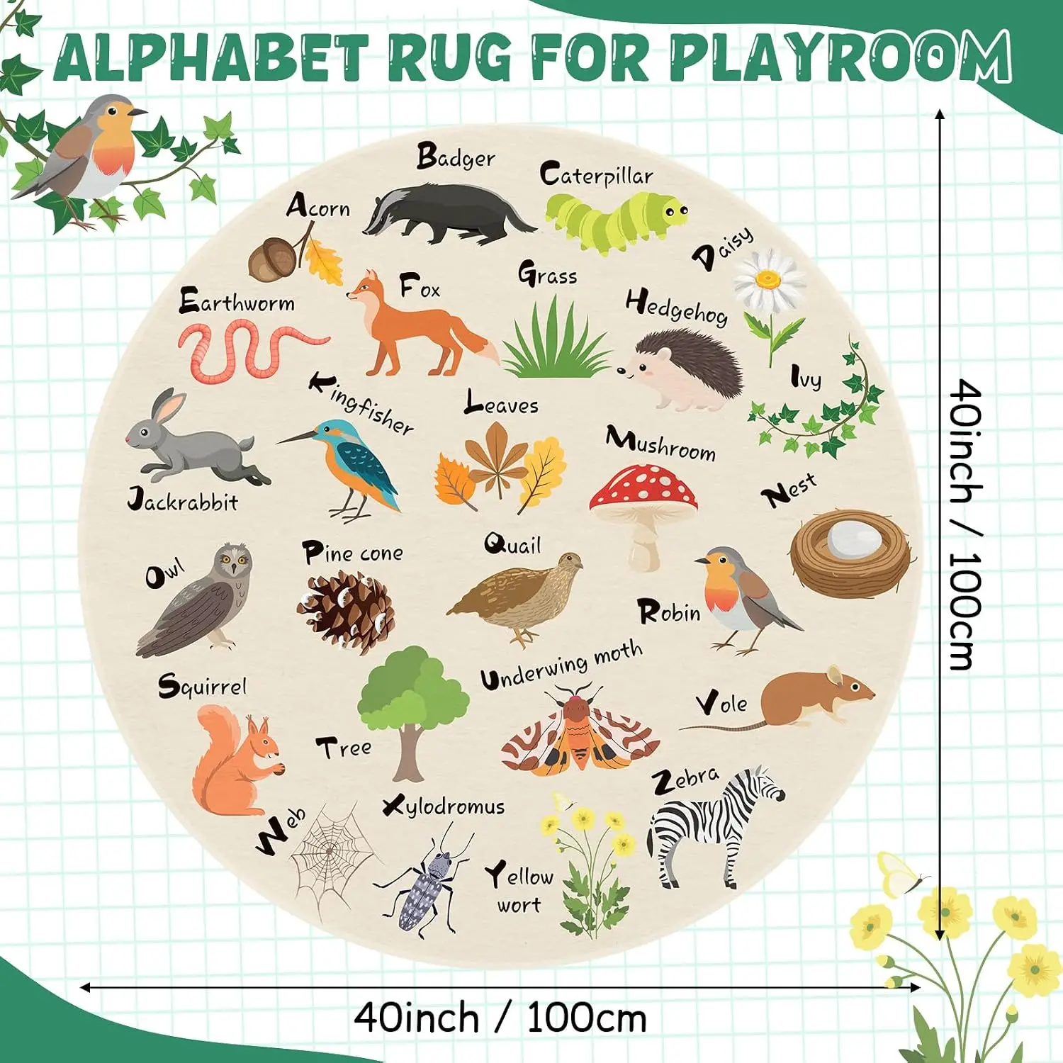 Round Animal Print Play Mat Kids Foam Rug Woodland Forest Nursery Decor Floor Mat for Toddlers Children Party Gift Bath Area