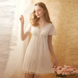 Women Sexy V Neck Short Sleeve Nightdress Summer Mesh Long  Nightgown Cute Princess Sleepwear Nightwear Lace Fairy Night Dress