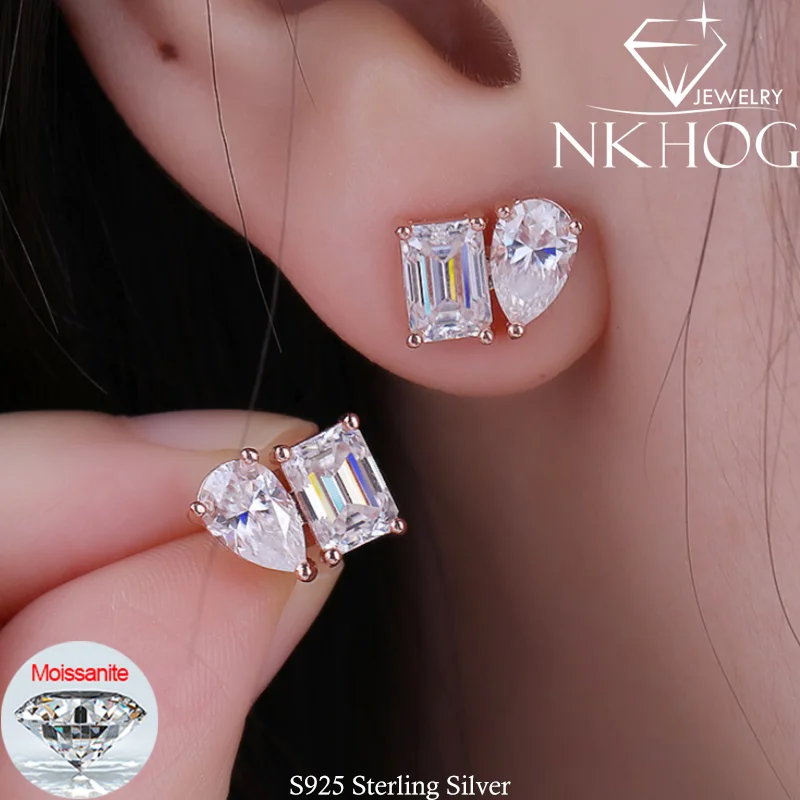 NKHOG 4CTTW Moissanite Stud Earrings Women S925 Silver D VVS1 Emerald/Radiant Pear Cut Moissanite Earrings Lab Diamond Certified