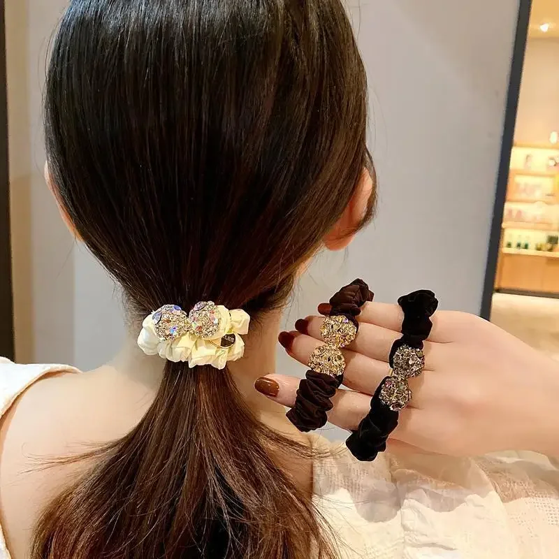 Rhinestone Bow Full Crystal Hair Bands for Women French Style Large Hair Ties Luxury Elastic Rubber Scrunchies Hair Accessories