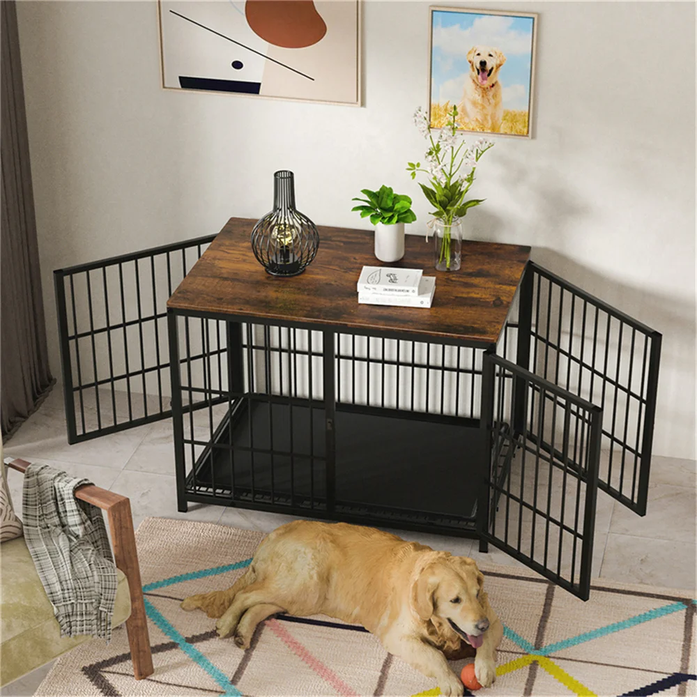 Large Wooden Dog Crate Indoor Furniture Style Elevated Pet Dog Cage Kennel End Table Lattice Playpen with 3 Doors Removable Tray