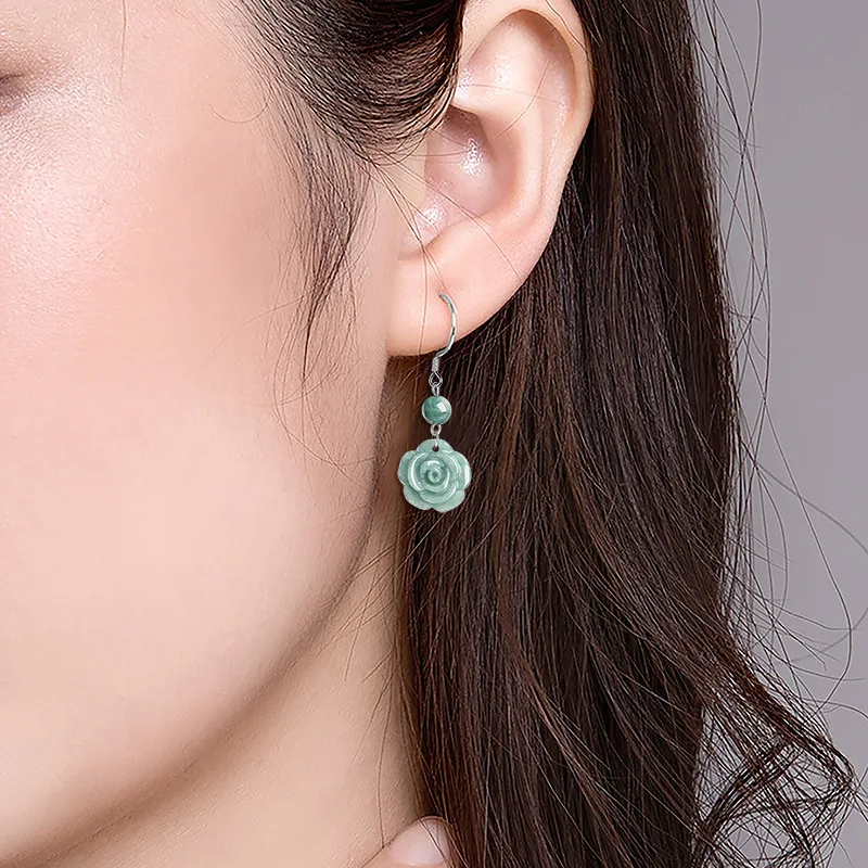 Authentic Natural A-grade Jade Bean Green Rose Earrings S925 Silver Ice Jadeite Fashionable Women\'s Gifts Jewelry Drop Shipping