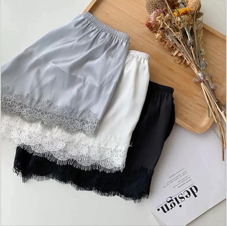

Women Kawaii Lace Patchwork Satin Shorts Silky Low Waist Coquette Slip Bottoms Elastic Waist Silk Pajama Loungewear Bottoms