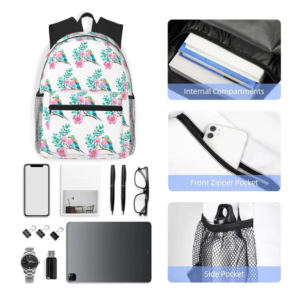 Bird Flower Branch Small Bird A Lilac Breasted Roller Student Backpack School Bag Daypack for Men Women Bookbag Shoulder Bags view 5