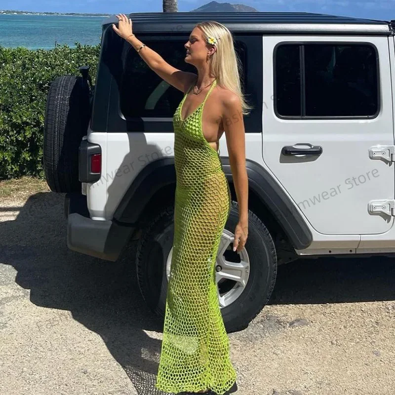 2025 مثير شبكة الرسن الرقبة الجانب سبليت فستان الشاطئ بيكيني الاخفاء الكروشيه تونك الصيف النساء الملابس بحر التستر