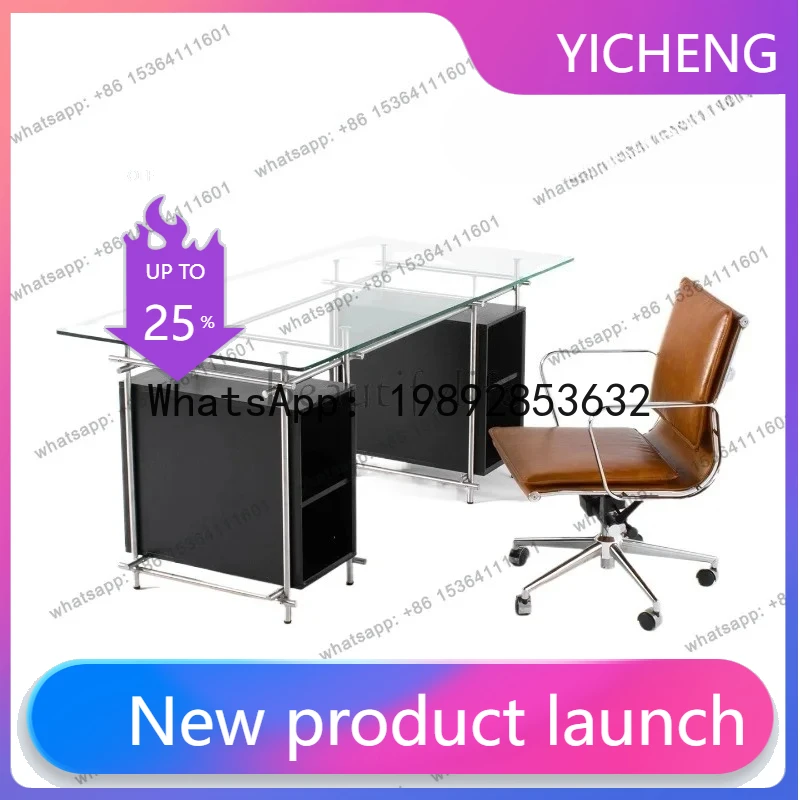 مكتب من الزجاج المقسى البسيط، مكتب من الفولاذ المقاوم للصدأ، منضدة عمل طويلة