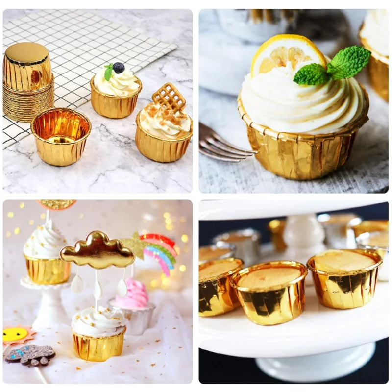 50Pcs Aluminum Foil Cupcake Cups Disposable Muffin Liners Baking Cups Aluminum Cupcake Tip Pan Ramekin Holders Little Pudding Cu